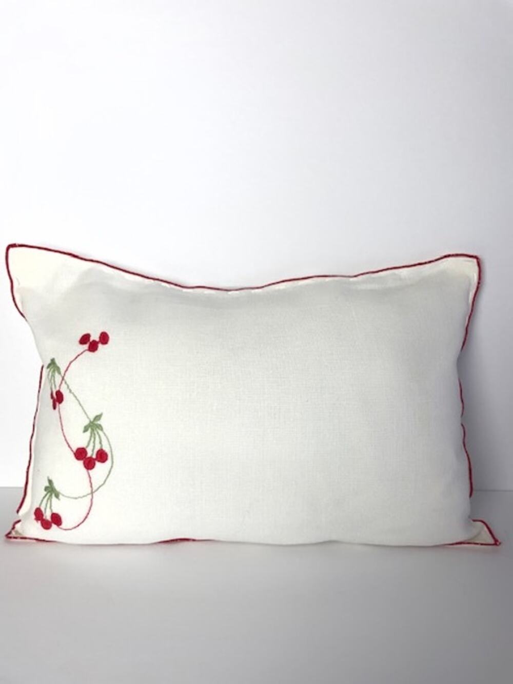 Upcycled Handcrafted Vintage Linen Cherry Doily Accent Boudoir Pillow 14"